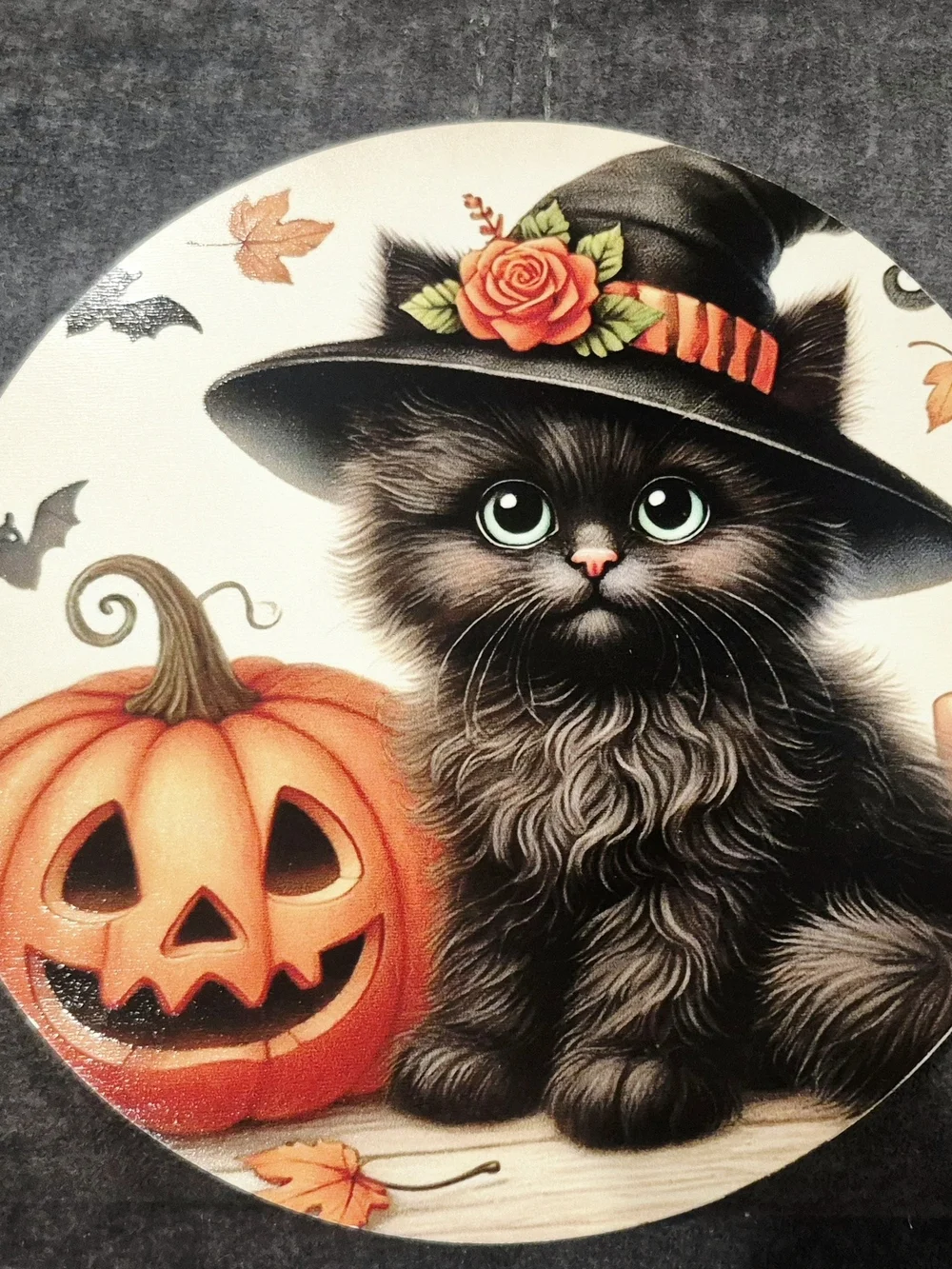 Halloween Sign Black cat w witch hat & orange pumpkin Jack o' lantern Kitten New